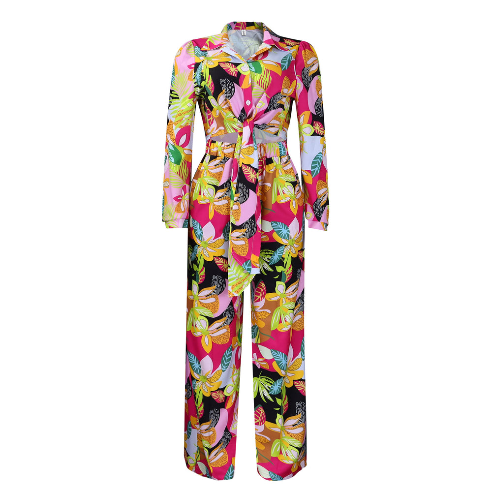 C8597  new arrival women's fashion printed two-piece set: collared tie-front shirt and wide-leg pants outfit