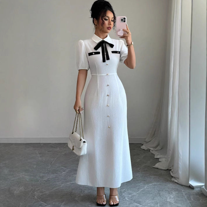 Pre-sale yang zi's same style shirt dress pleated classybowslong sleeves skirt waist long skirt