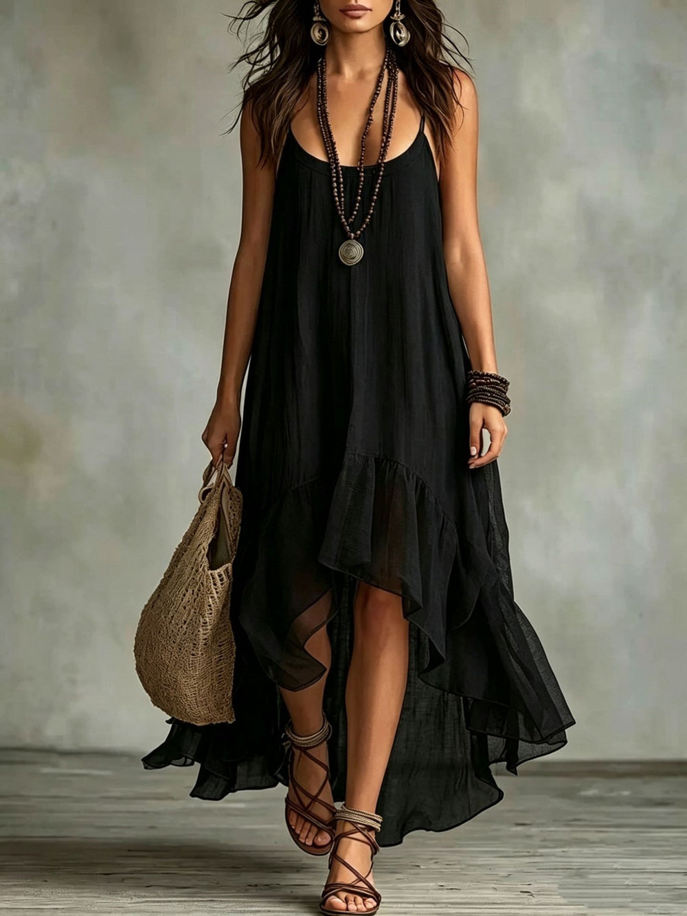 new cross-border  style bohemian vacation solid color cami dress with u-neck for women