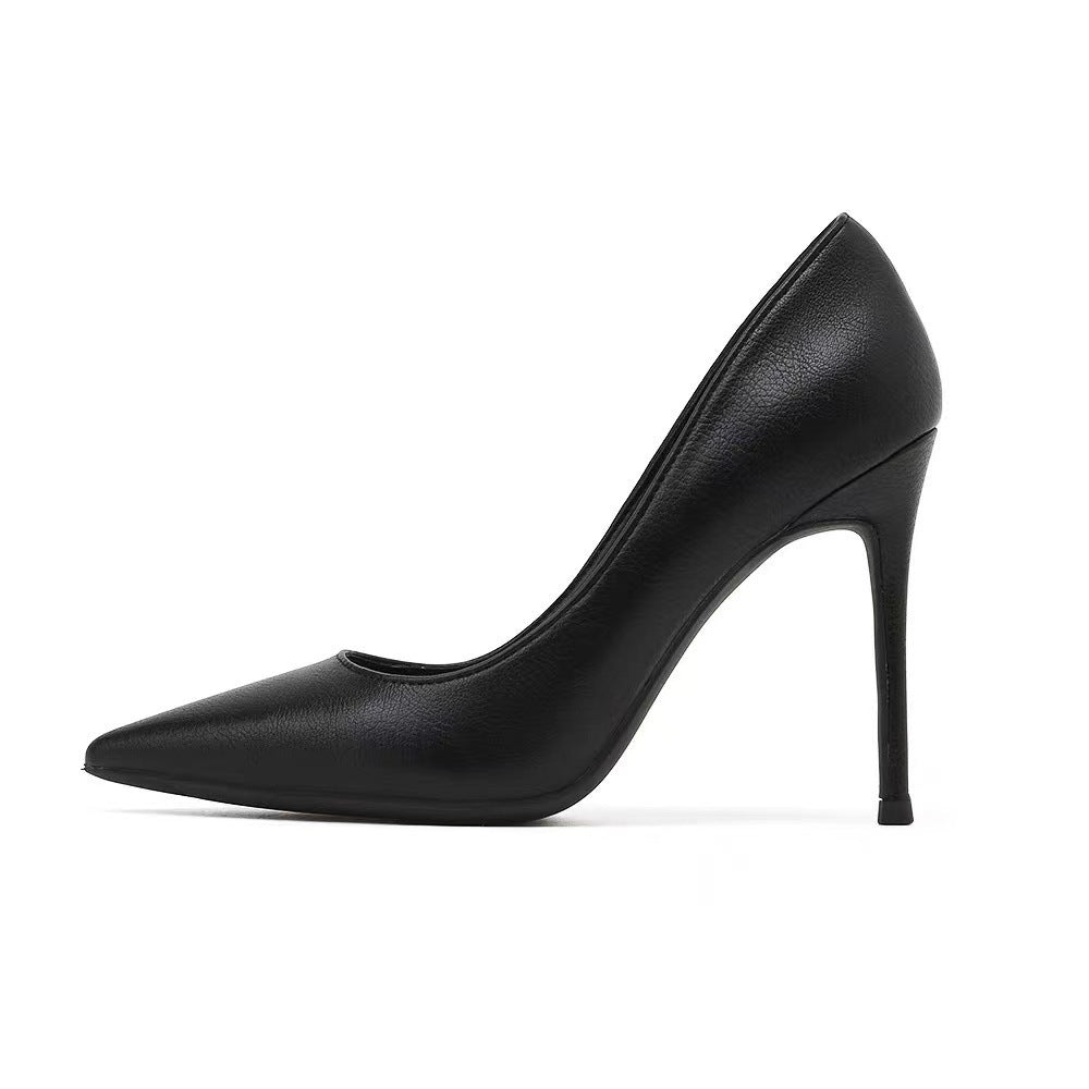 Hotel work shoes women's black high heels stiletto professional attire pointed toe high heels soft leather plus sizeplaid work flats
