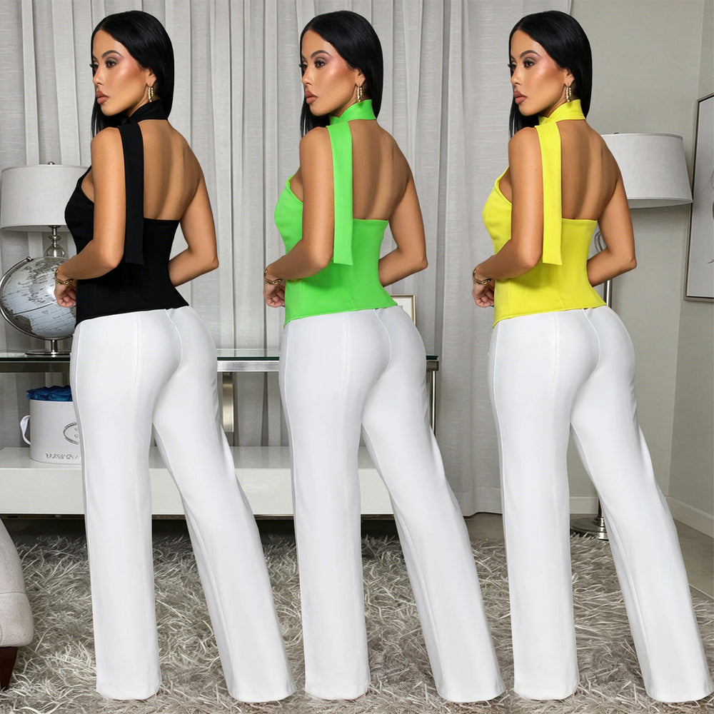 C7756 cross-border  new women's fashion european and american summer commute halter neck slim-fit top and wide-leg pants two-piece set