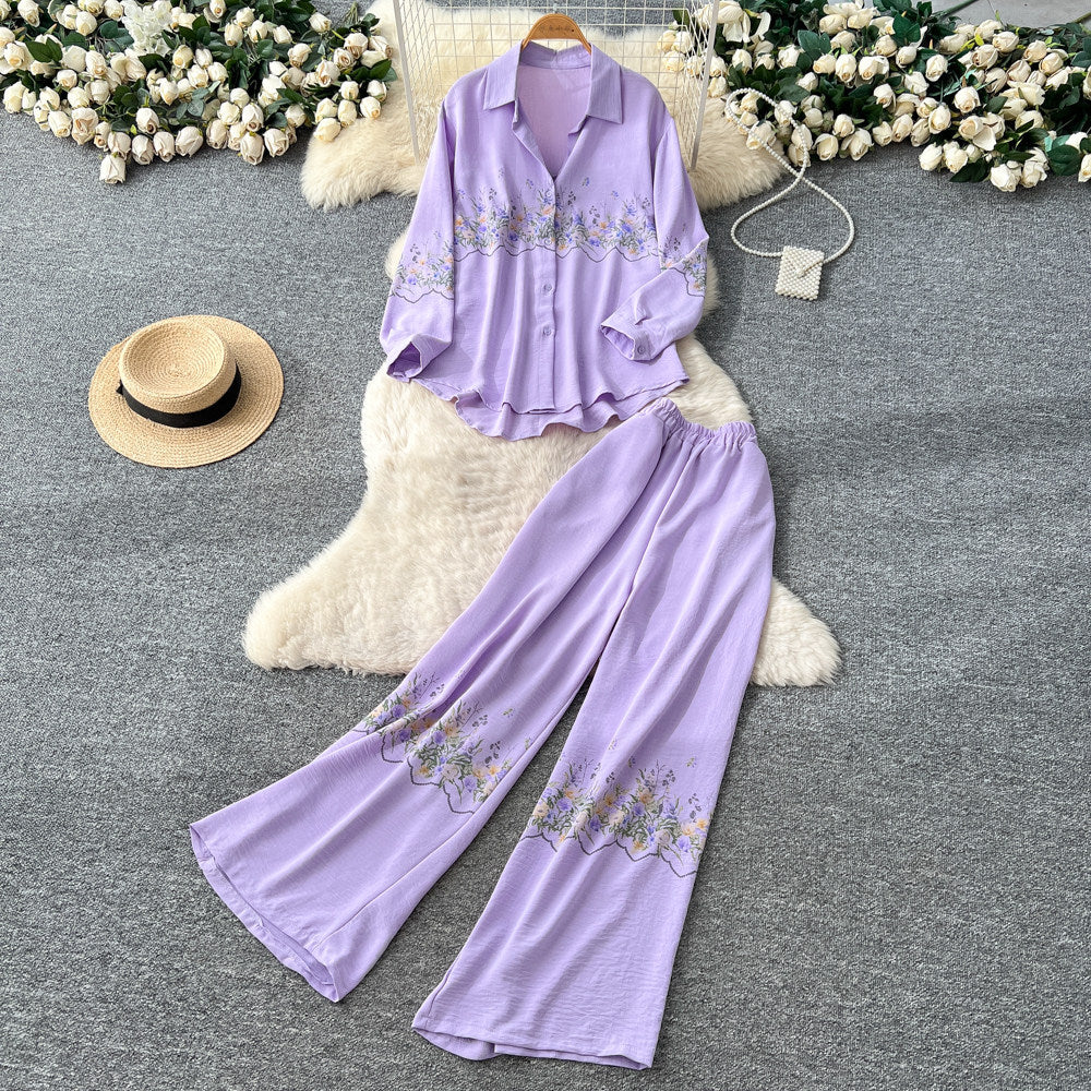 High-end embroidered floral shirt and wide-leg pants set - elegant two-piece outfit for women, new spring collection, commute-friendly, stylish and versatile