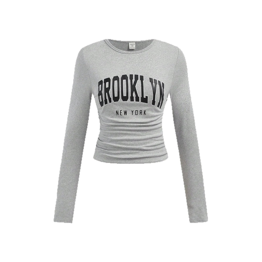 American retro letter print long sleeve t-shirt - women's cinched waist cropped bodycon top