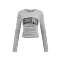 American retro letter print long sleeve t-shirt - women's cinched waist cropped bodycon top