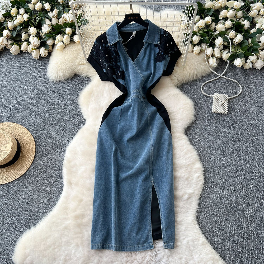 Sophisticated chic: handcrafted, diamond-accented lace patchwork polo collar denim mini dress - a unique summer staple