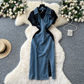 Sophisticated chic: handcrafted, diamond-accented lace patchwork polo collar denim mini dress - a unique summer staple