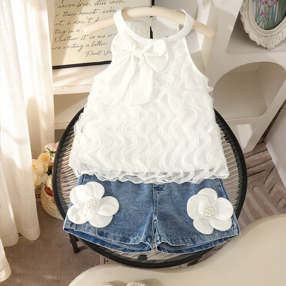 Children's clothing cross-border european and american girls white sleeveless vest + blue shorts two-piece set