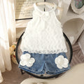 Children's clothing cross-border european and american girls white sleeveless vest + blue shorts two-piece set