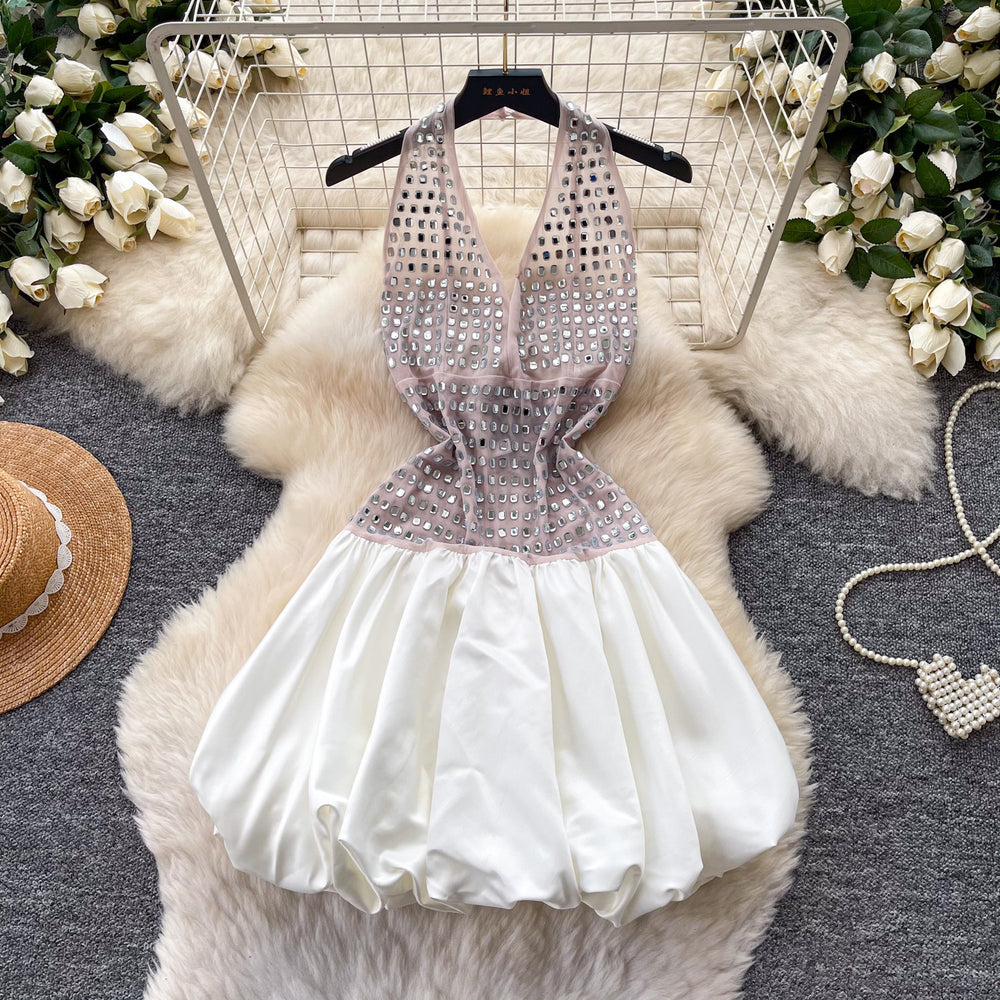 Sexy sweet and spicy style deep v neckhalterdress women's heavy industry diamond-encrusted k-style sleeveless puffy skirt classy sense