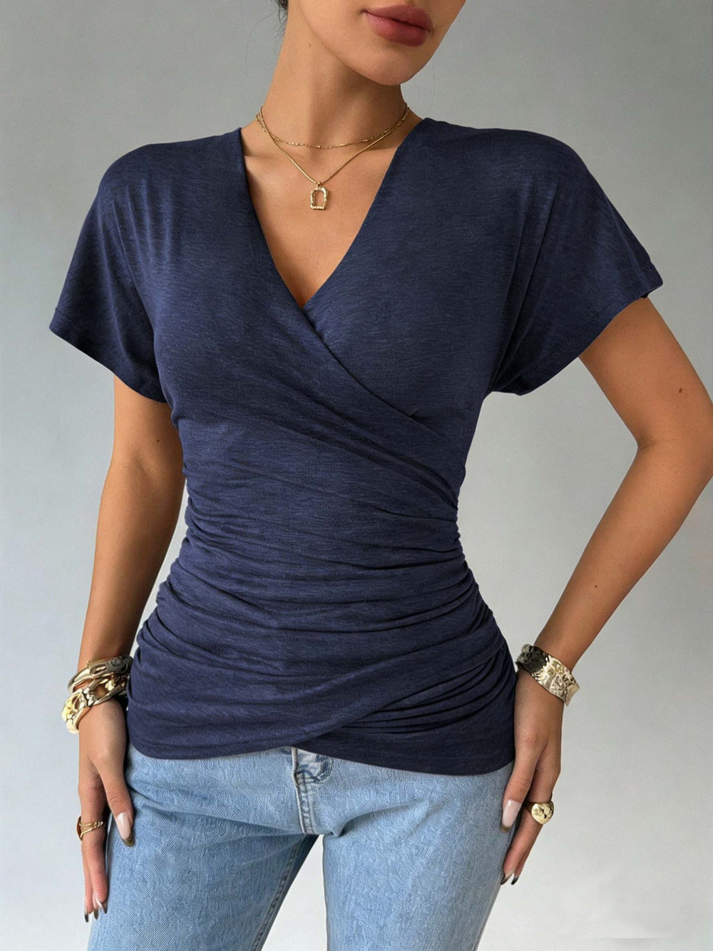 Amazon  european and american cross-border sexy hot girl knitted deep v design waist ruched slimming top