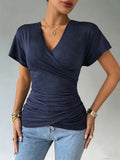 Amazon  european and american cross-border sexy hot girl knitted deep v design waist ruched slimming top