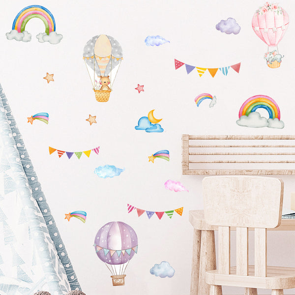 Cross-border  new creative rainbow hot air balloon wall sticker for children's room bedroom decoration beautiful self-adhesive sticker