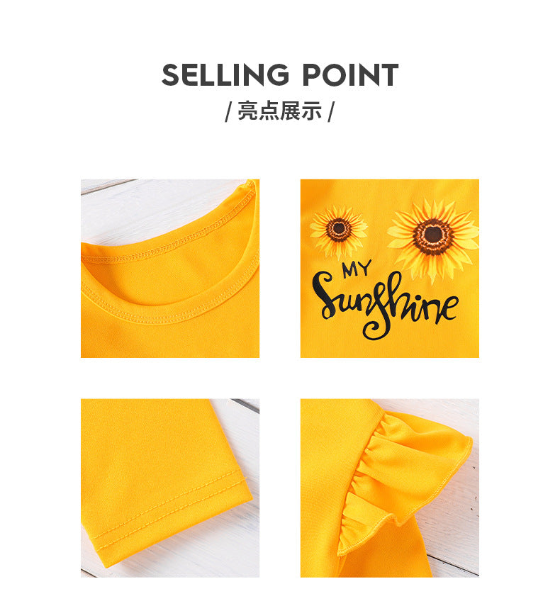 Girls' autumn two-piece outfit: yellow flutter sleeve top with sunflower & letter print pants set