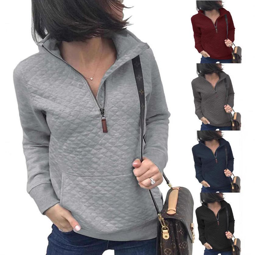 cross-border spring/autumn european and american zip-up pullover quilted sweatshirt knitted long sleeve mock neck pullover with pockets pol