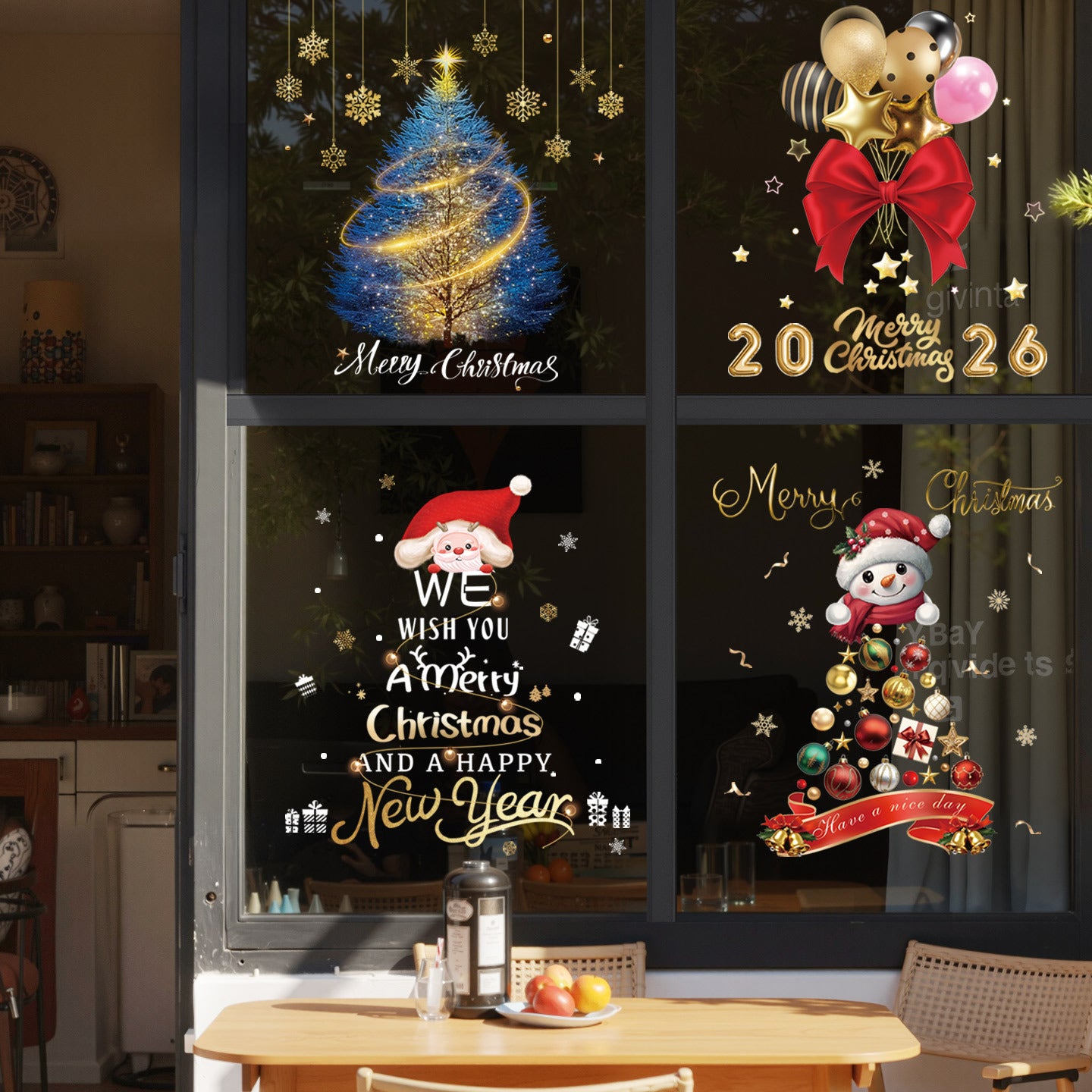 2026 Christmas window glass decorative wall sticker Santa Claus balloon gift snowflake static sticker painting