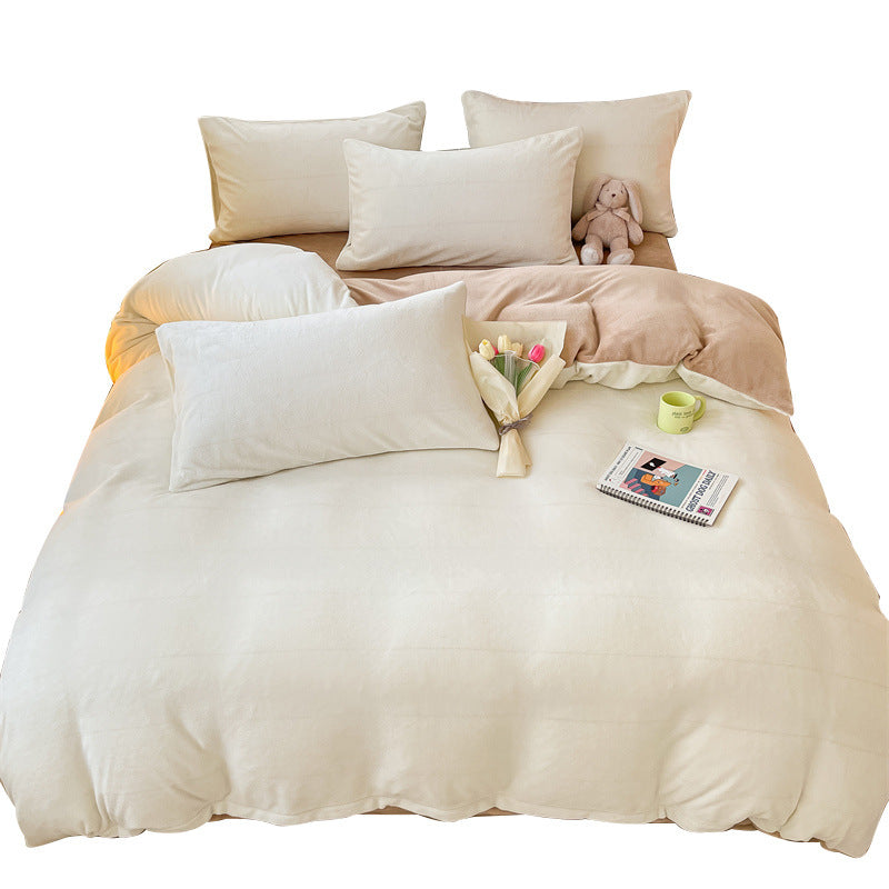 Solid color milk fleece four-piece set, winter thickened coral fleece bed sheet quilt cover, Nantong flannel bed three-piece set