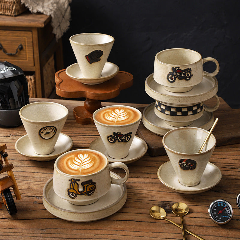 Japanese-style aesthetic ceramic cup and saucer set - rustic pottery coffee cup and saucer - creative handmade gift - funnel cup - afternoon tea cup