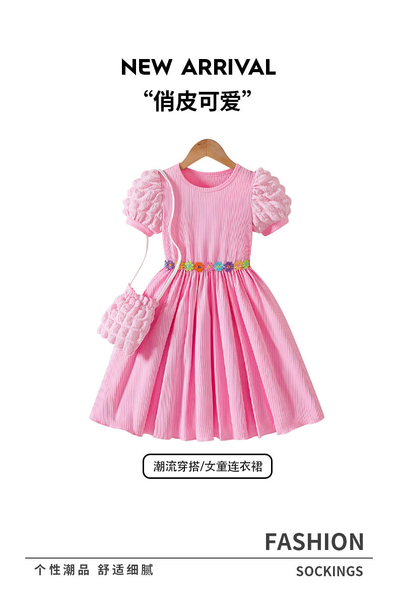 girls' dress - pink bubble sleeve, vertical stripe, floral waist design - stylish summer princess dress for girls