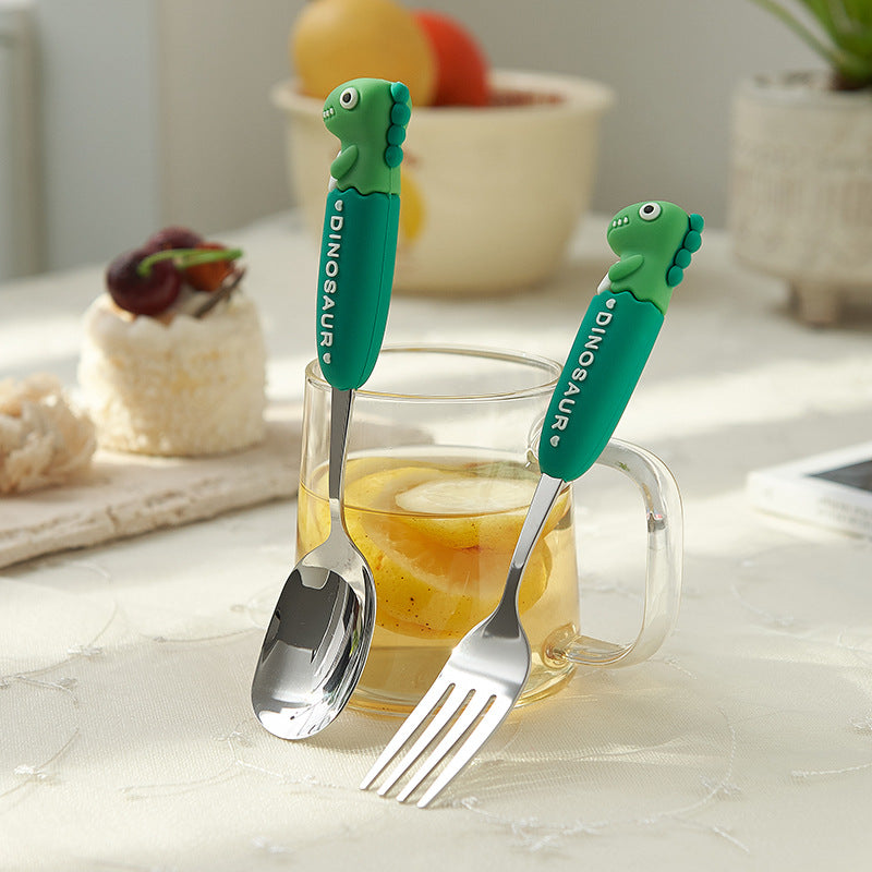 Cartoon dinosaur stainless steel cutlery set - anti-scald handles, forks & spoons, multiple colors available, wholesale children's western dinnerware