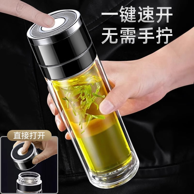 Car-mounted quick-open cup, one-click lid opening, insulated glass water cup, tea and water separation, tea cup, personalized water cup, gift cup