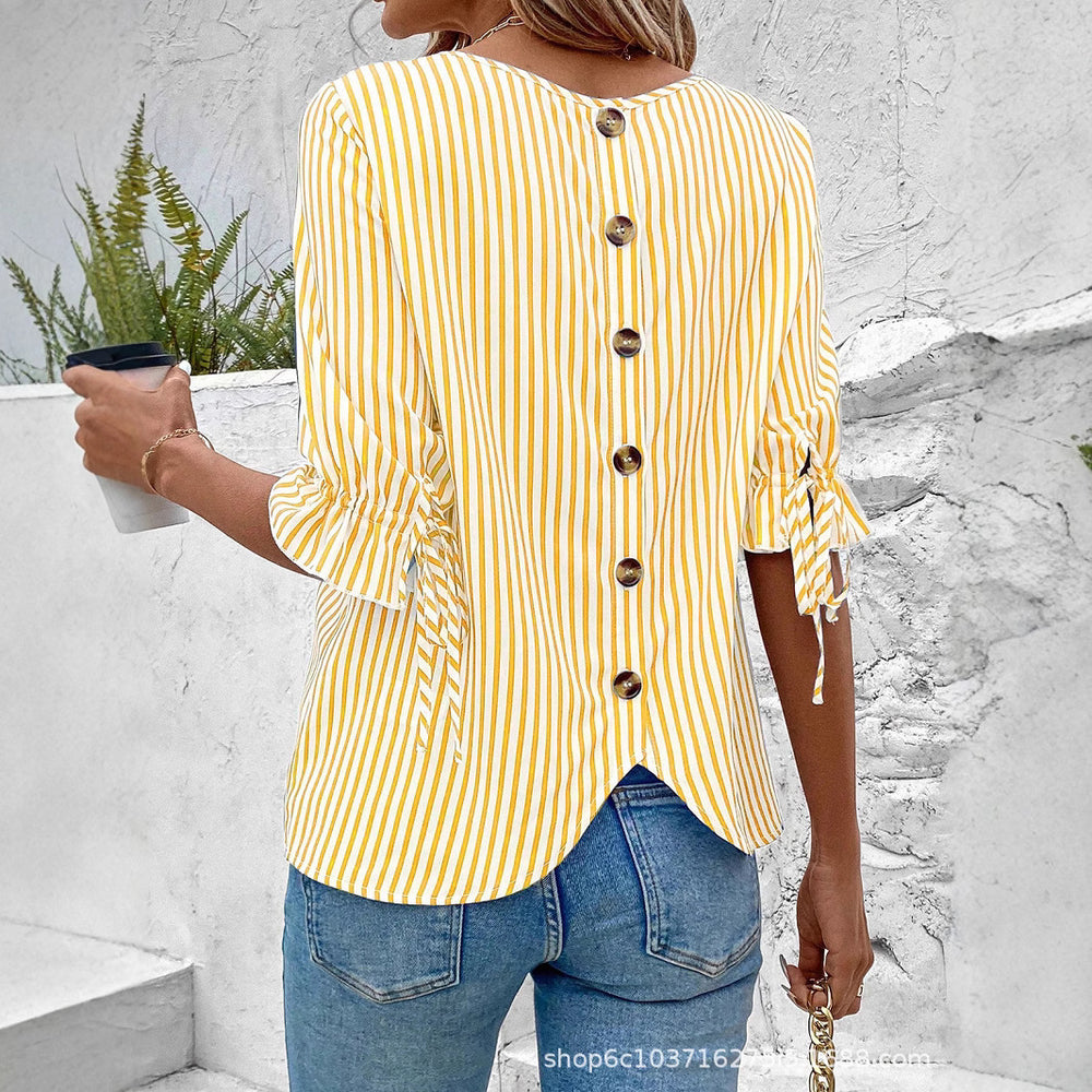 European and american cross-border women's clothing : spring/summer striped cardigan blouse - new loose fit casual women's top