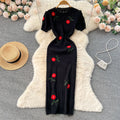 Summer dress: elegant embroidered rose knit dress - french style short sleeve, modern chinese style bodycon maxi dress