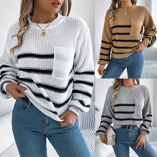 Real shot 2025 autumn and winter casual contrasting striped pocket lantern sleeve pullover sweater,   women's clothing