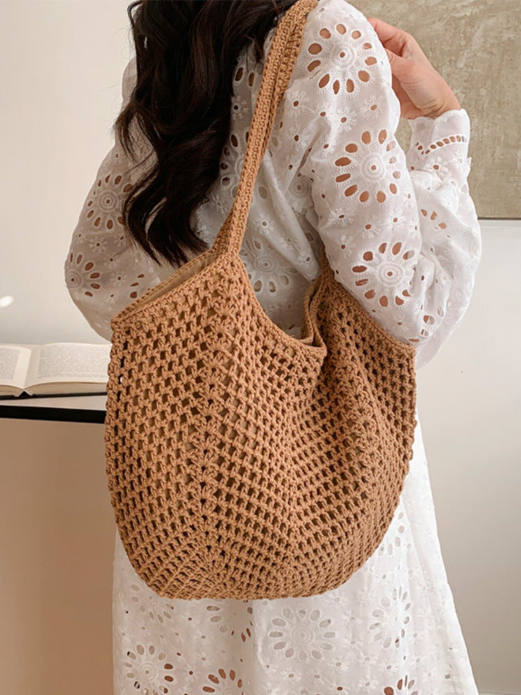 Casual large-capacity cotton thread woven bag new hollow straw bag lazy wind shoulder bag vacation beach bag women's bag