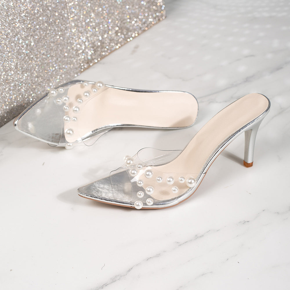 European and american plus-size heeled slippers for women, 2026 summer new arrivals: stiletto heel, fashionable and versatile, pearl-embellished single strap high heels