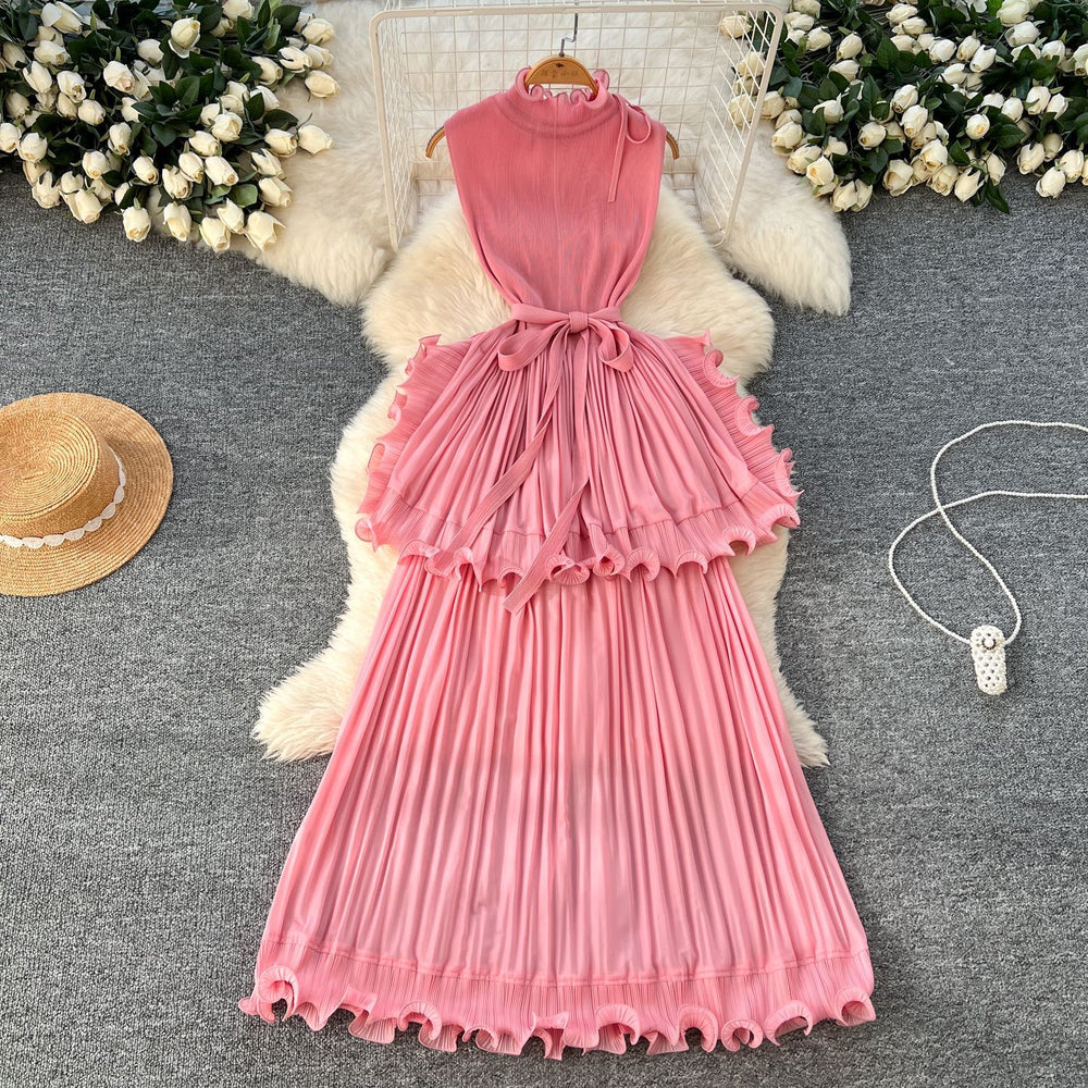 European and american light luxury sleeveless dress - women's summer ruffle hem, cinched waist, elegant, unique, exquisite maxi dress
