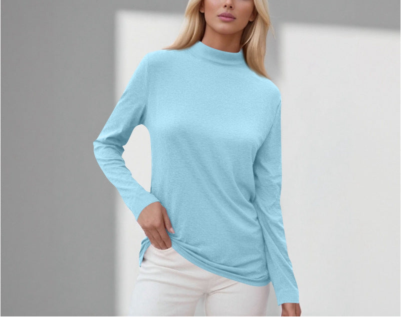 cross-border new women's long-sleeve t-shirt: everyday casual, mid-neck, solid color top, base layer - in stock
