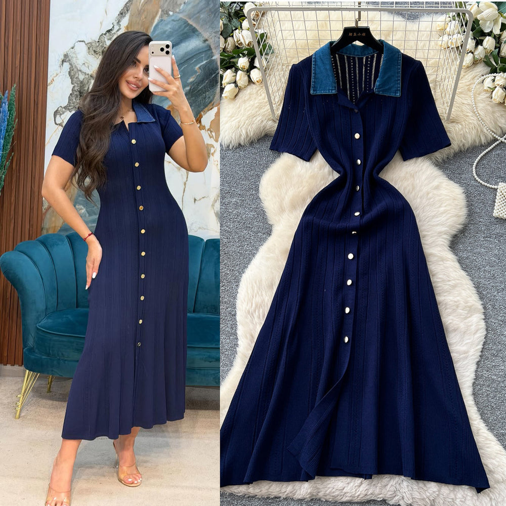 Frenchretrocontrast color lapel short sleeve metal button silmknittingdress women's spring waist slimming lookelegant skirt