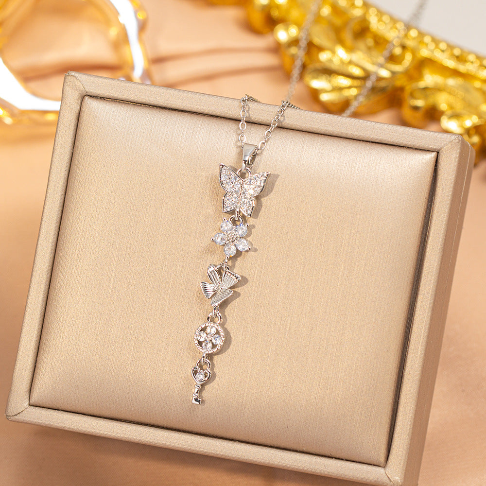 [titanium steel] cross-border popular copper micro-embedded butterfly necklace for women, accessible luxury, fashionable and high-end long clavicle chain accessories