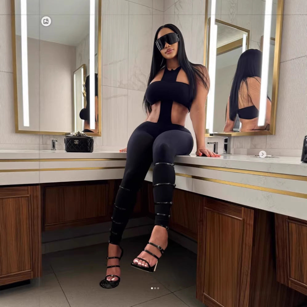 fashion cross-border sexy hot girl nightclub style tight silm tube top halterpantsfashionsuit women's clothing