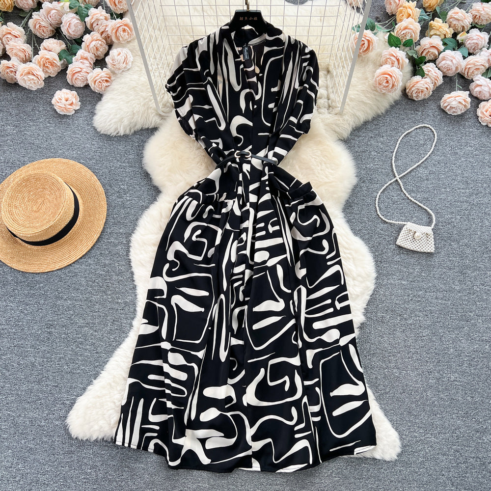 Luxury retro v-neck printed dress - women's summer french style tie-waist loose fit slimming midi shirt dress