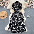 Luxury retro v-neck printed dress - women's summer french style tie-waist loose fit slimming midi shirt dress