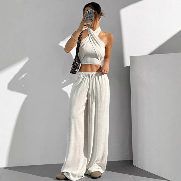 EZwear 2-piece set, women's summer solid color halter sleeveless top and drawstring waist trousers