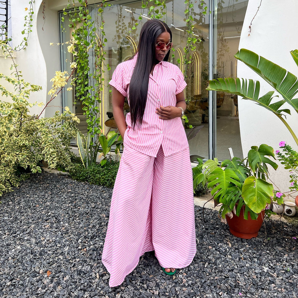 European and american cross-border women's clothing  summer new arrival: african-inspired fashion pink striped short-sleeve shirt and wide-leg pants set