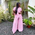 European and american cross-border women's clothing  summer new arrival: african-inspired fashion pink striped short-sleeve shirt and wide-leg pants set