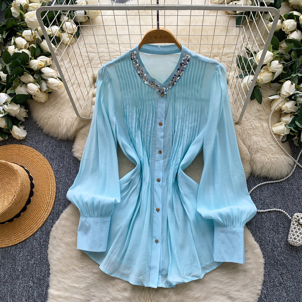 French chic beaded breathable blouse - women's summer long sleeve loose fit workwear white top with unique design