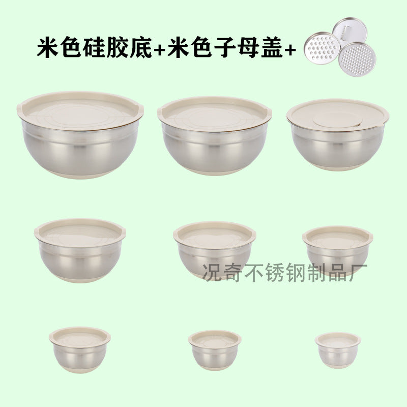 american colorful silicone bottom salad bowl with lid cooking baking salad bowl set stainless steel egg bowl