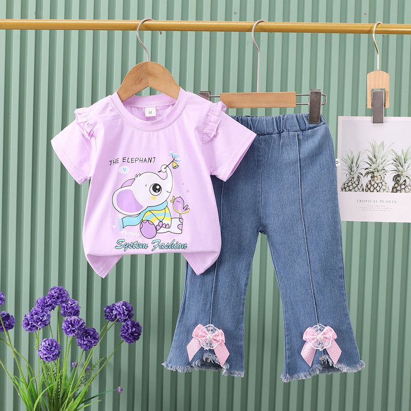 Direct from the factory! girls' summer two-piece set: pink cartoon tee + bowknot denim shorts. ready to ship!
