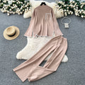 Women's sweater set - autumn/winter loose fit fashion color block crew neck long sleeve knit top & high waist wide leg pants two-piece outfit