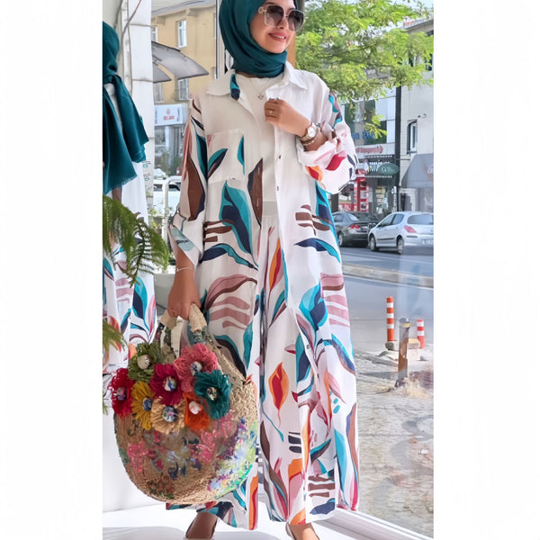 Middle East  spot women's clothing 2024 loose new fashion printed long cardigan casual wide-leg pants two-piece set