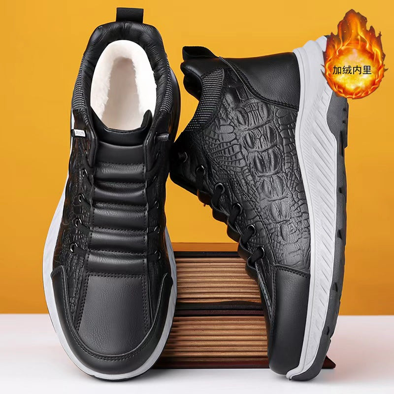 2025 winter men's new collection: fleece-lined, extra-thick casual sneakers, cotton shoes, non-slip, warm, leather upper, chunky sole, dad shoes