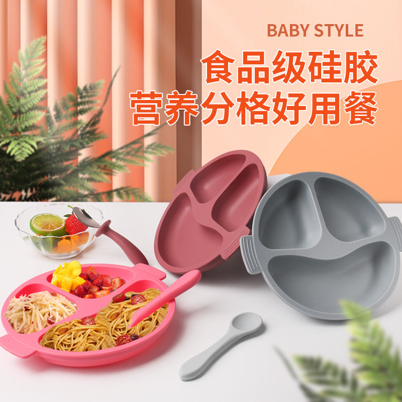 Children's silicone tableware Infants and toddlers Smiley face Three-grid plate Baby feeding complementary food bowl Spot silicone tableware set