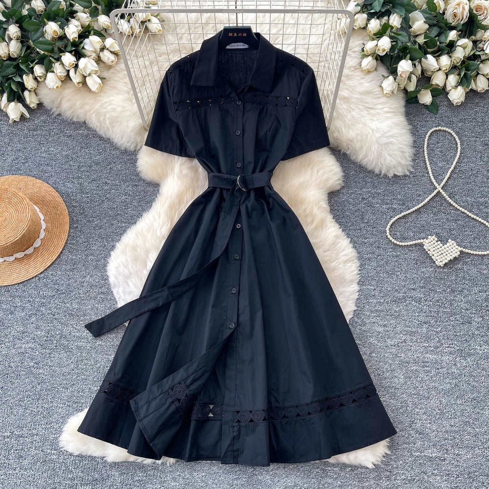 Lightly mature elegance style polo collar short-sleeved a-line dress women's summerk-style waist slimming lookelegantwork clothing skirt