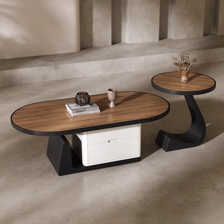 living room home small apartment coffee table oval slate storage solid walnut wood mid-century style with drawer