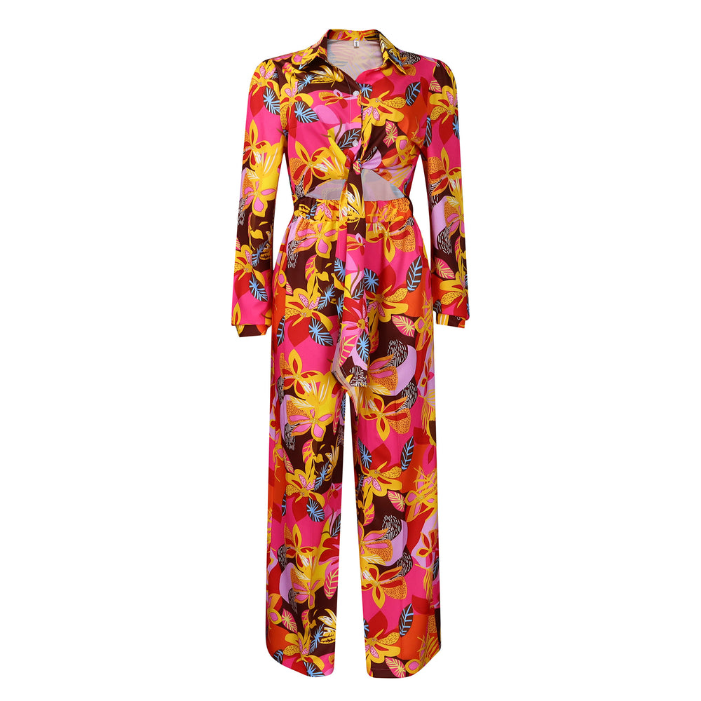 C8597  new arrival women's fashion printed two-piece set: collared tie-front shirt and wide-leg pants outfit