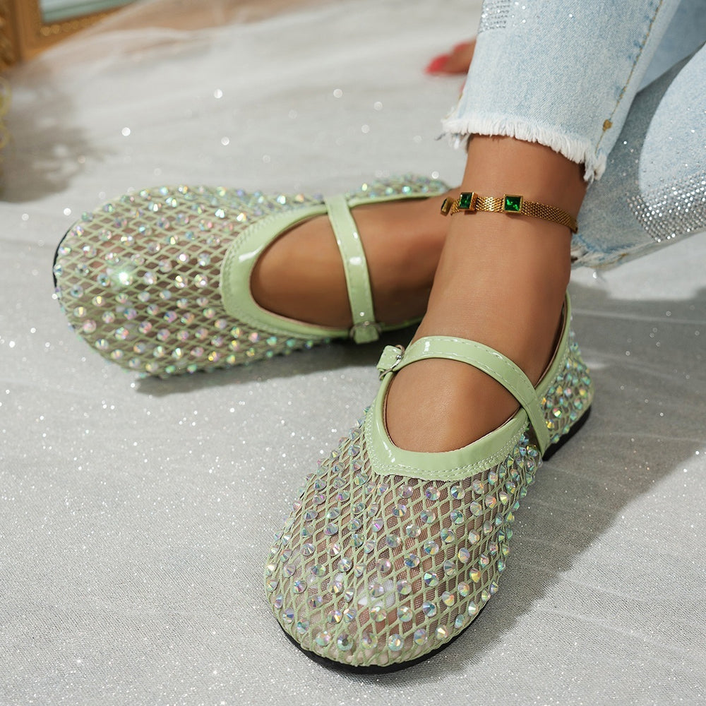 Women's flat shoes for cross-border e-commerce:  summer new collection - mesh mary janes with rhinestone embellishments, single strap casual flats